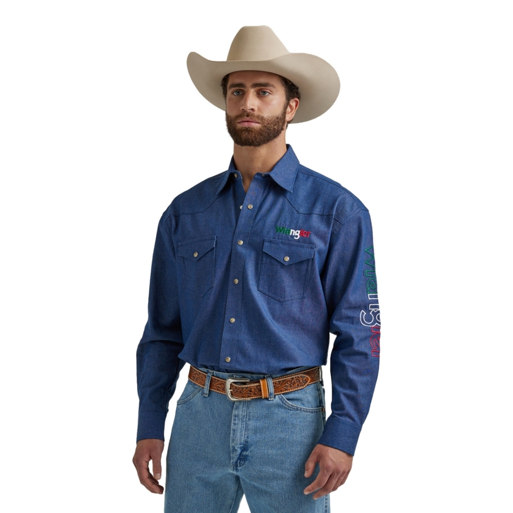 🪻Wrangler Mexican Flag Western Snap Button Indigo Denim Shirt Size Medium NWT